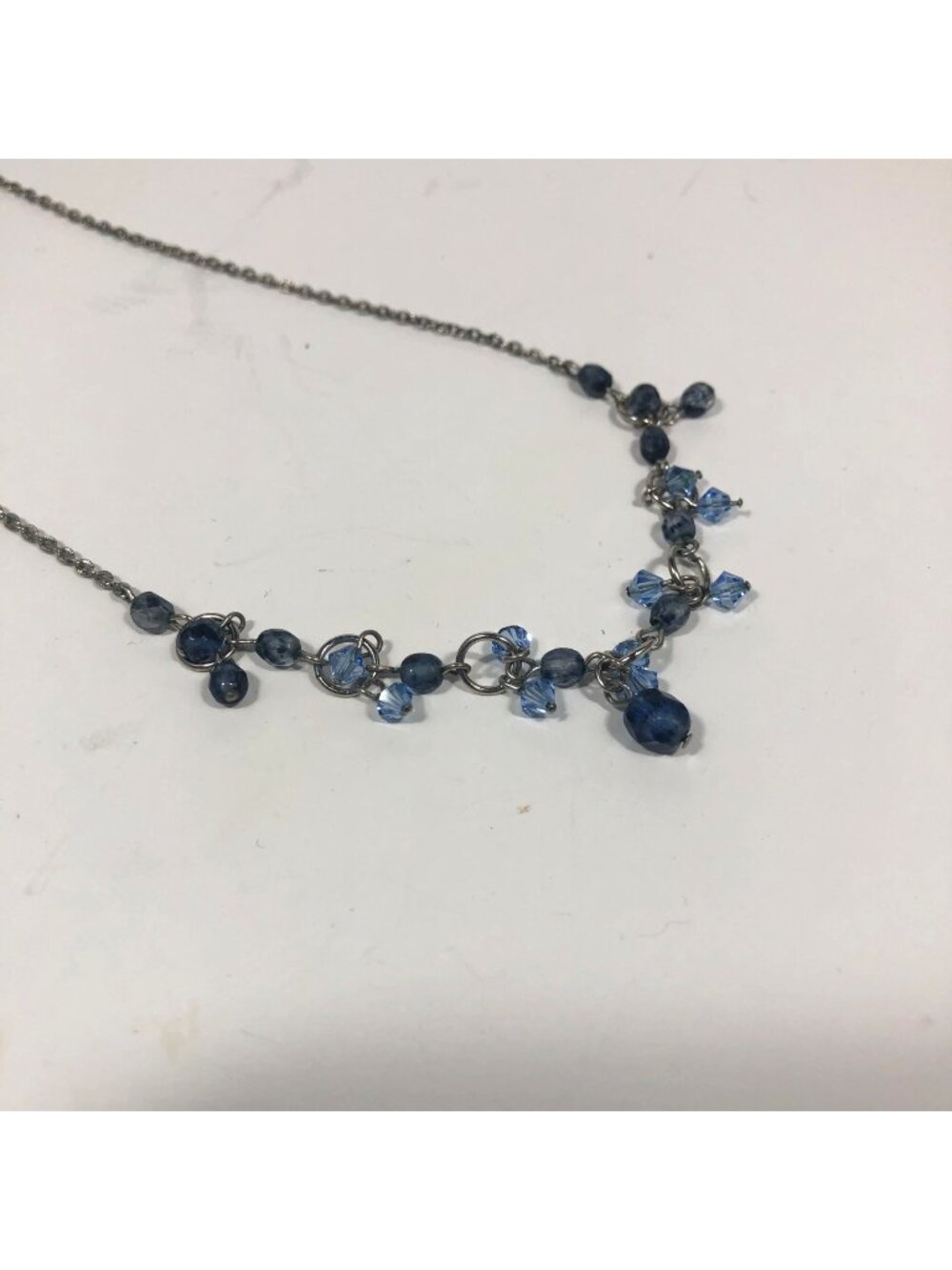 Blue Beaded Necklace Dainty Silver Tone Chain Drop Beads Minimalist Jewelry